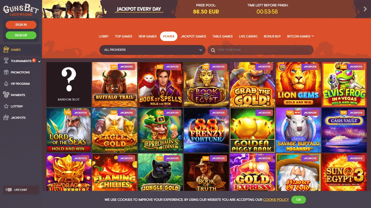 Gunsbet Casino desktop games area with casino and live options
