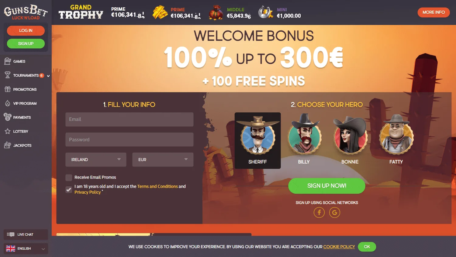 Gunsbet Casino desktop home screen for Australian players