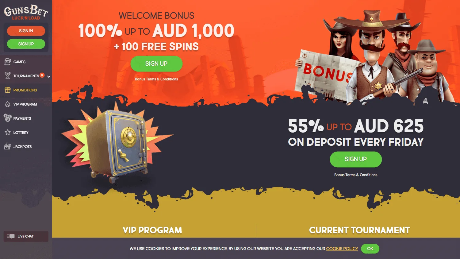 Gunsbet Casino desktop promotions area with welcome and regular rewards