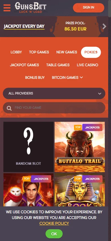 Gunsbet Casino mobile games area with casino titles and live tables