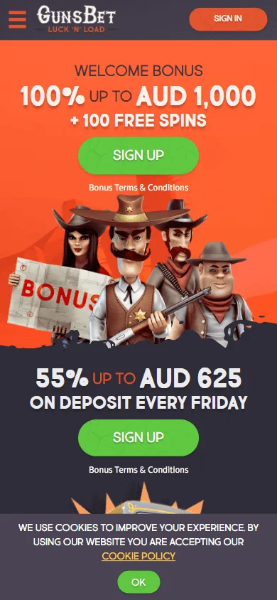 Gunsbet Casino mobile promotions area with casino rewards